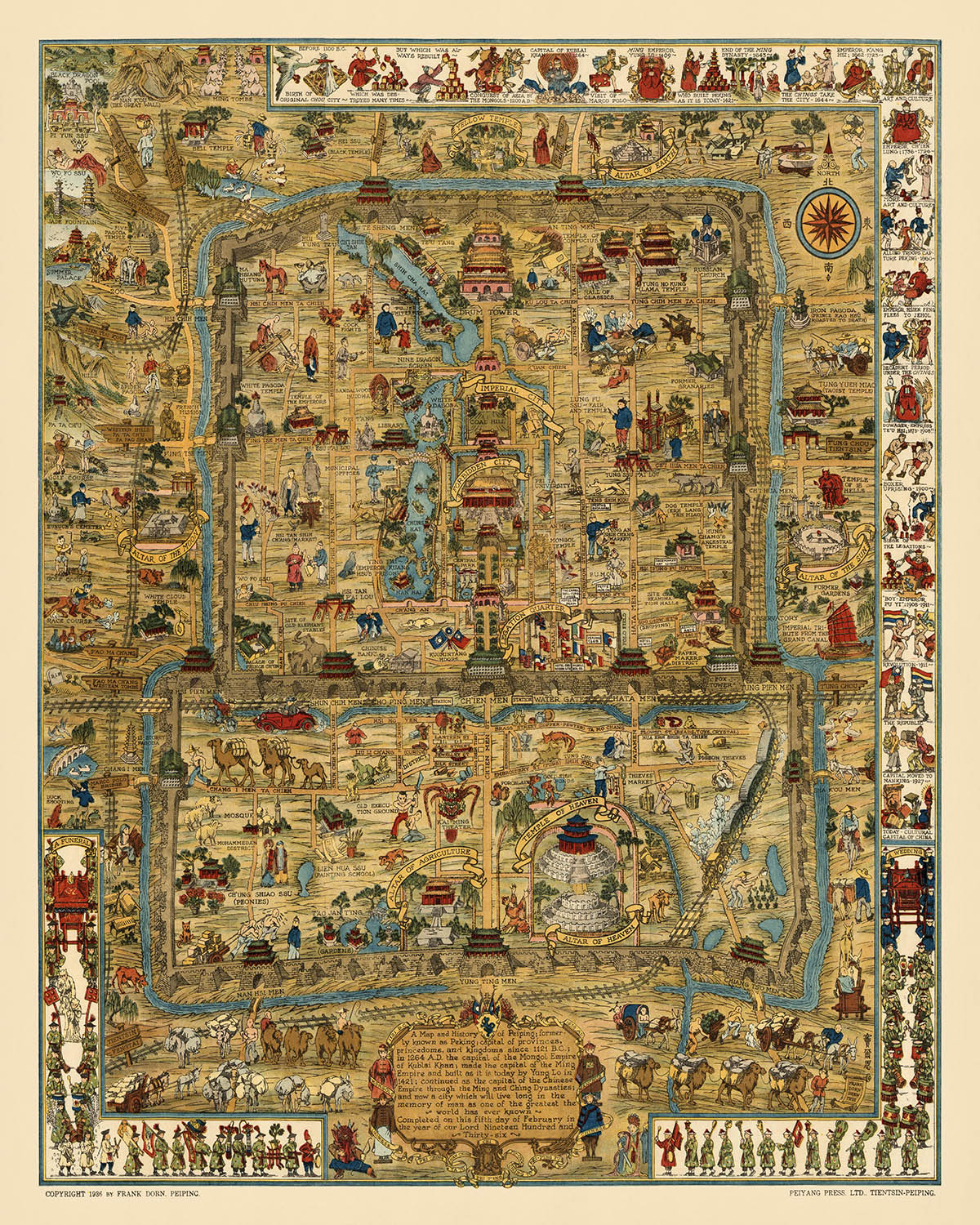 Antiguo mapa pictórico de Beijing por Dorn, 1936: Ciudad Prohibida, Templo del Cielo, Palacio de Verano, Tumbas Ming, Gran Muralla