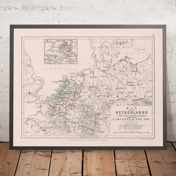 Ancienne carte des campagnes de Napoléon aux Pays-Bas, 1792 : Amsterdam, Bruxelles, Paris, itinéraires, batailles 
