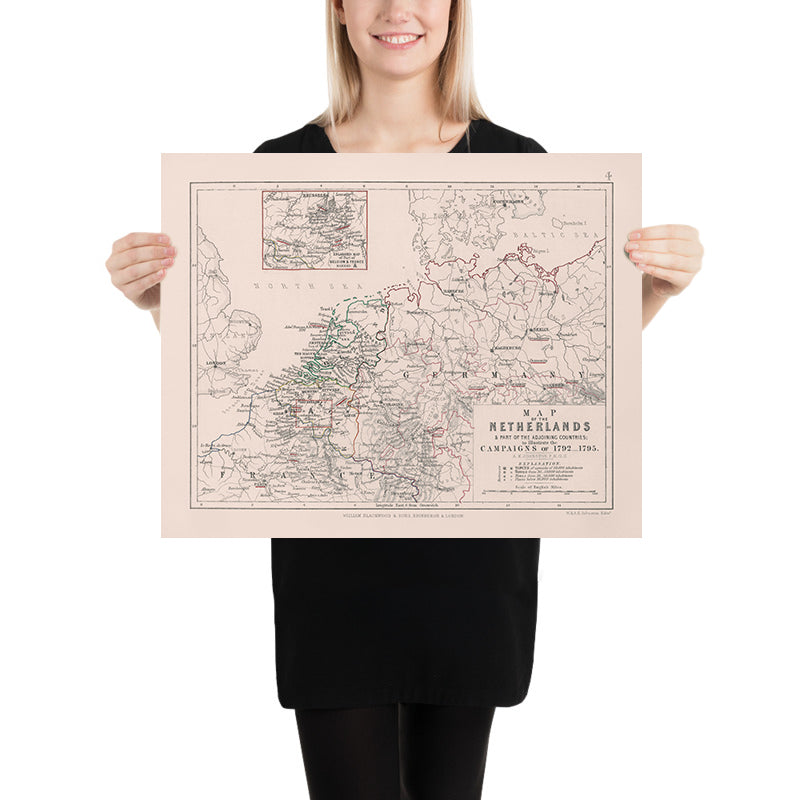 Old Map of Napoleon’s Campaigns in the Netherlands, 1792: Amsterdam, Brussels, Paris, Routes, Battles