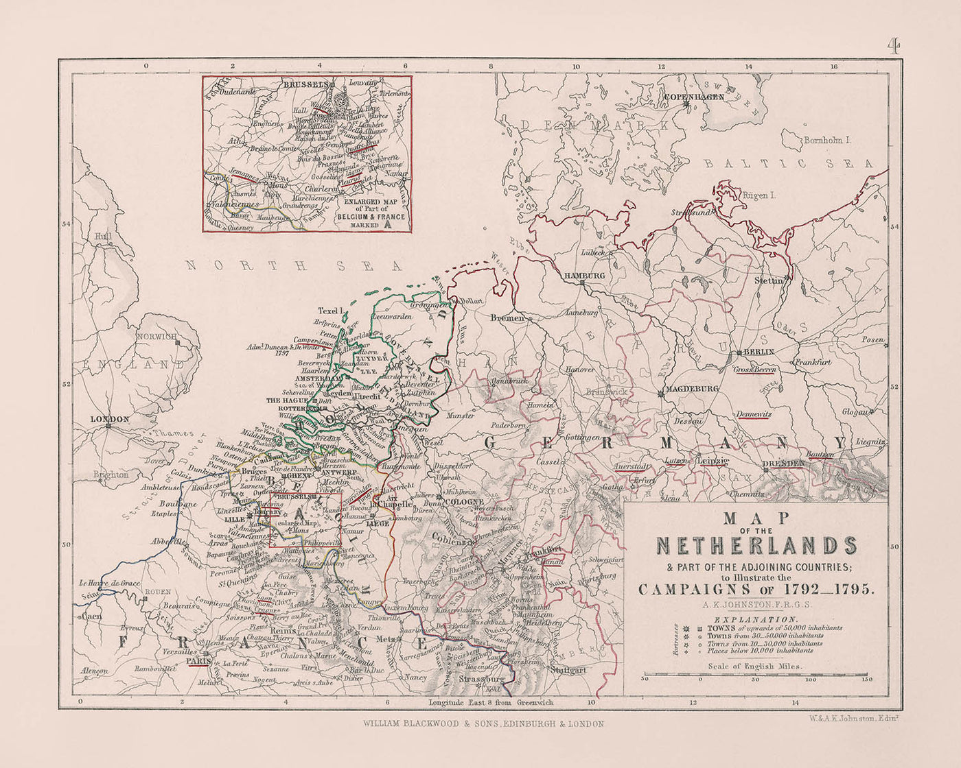 Old Map of Napoleon’s Campaigns in the Netherlands, 1792: Amsterdam, Brussels, Paris, Routes, Battles