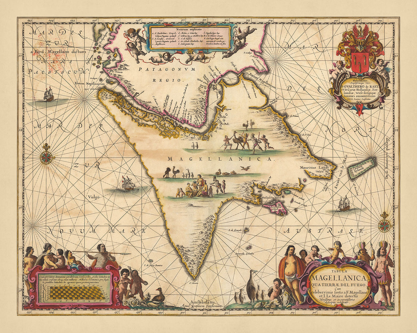 Alte Karte der Magellanstraße von Visscher, 1690: Feuerland, Patagonien, Magallanes und die chilenische Antarktis, Rio Gallegos, Insel Riesco