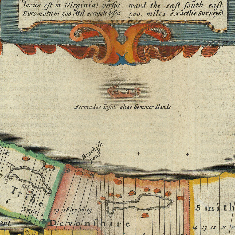 Old Map of Bermuda by Speed, 1627: Hamilton, St. George's, Great Sound, Tribes, Compass Rose