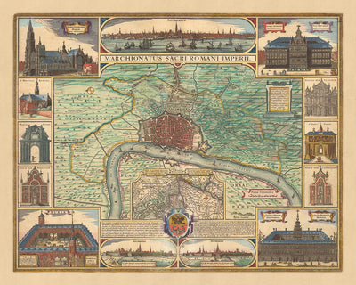 Mapa antiguo de Amberes por Visscher, 1690: Amberes, Bergen op Zoom, Hoogerheide, Stabroek, Tierra ahogada de Saeftinghe
