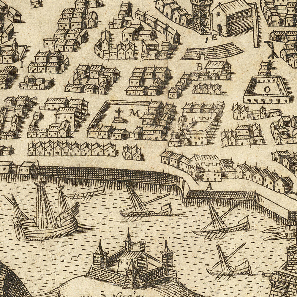 Plan ancien de Marseille par Orlandi, 1580 : Notre Dame, La Major, Saint Laurent, Port, Arsenal