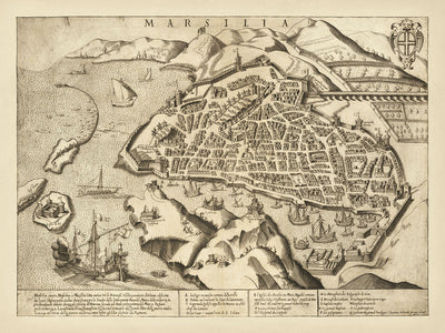 Plan ancien de Marseille par Orlandi, 1580 : Notre Dame, La Major, Saint Laurent, Port, Arsenal