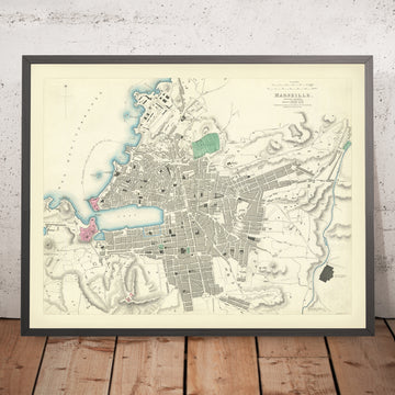 Alte Karte von Marseille, 1870: Vieux-Port, Fort Saint-Jean, Fort Saint-Nicolas, Palais Longchamp, Parc Borély 