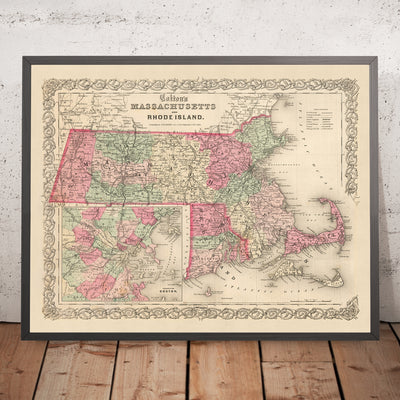 Alte Karte von Massachusetts von JH Colton, 1855: Boston, Worcester, Springfield, Lowell und New Bedford