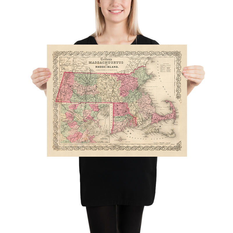 Alte Karte von Massachusetts von JH Colton, 1855: Boston, Worcester, Springfield, Lowell und New Bedford