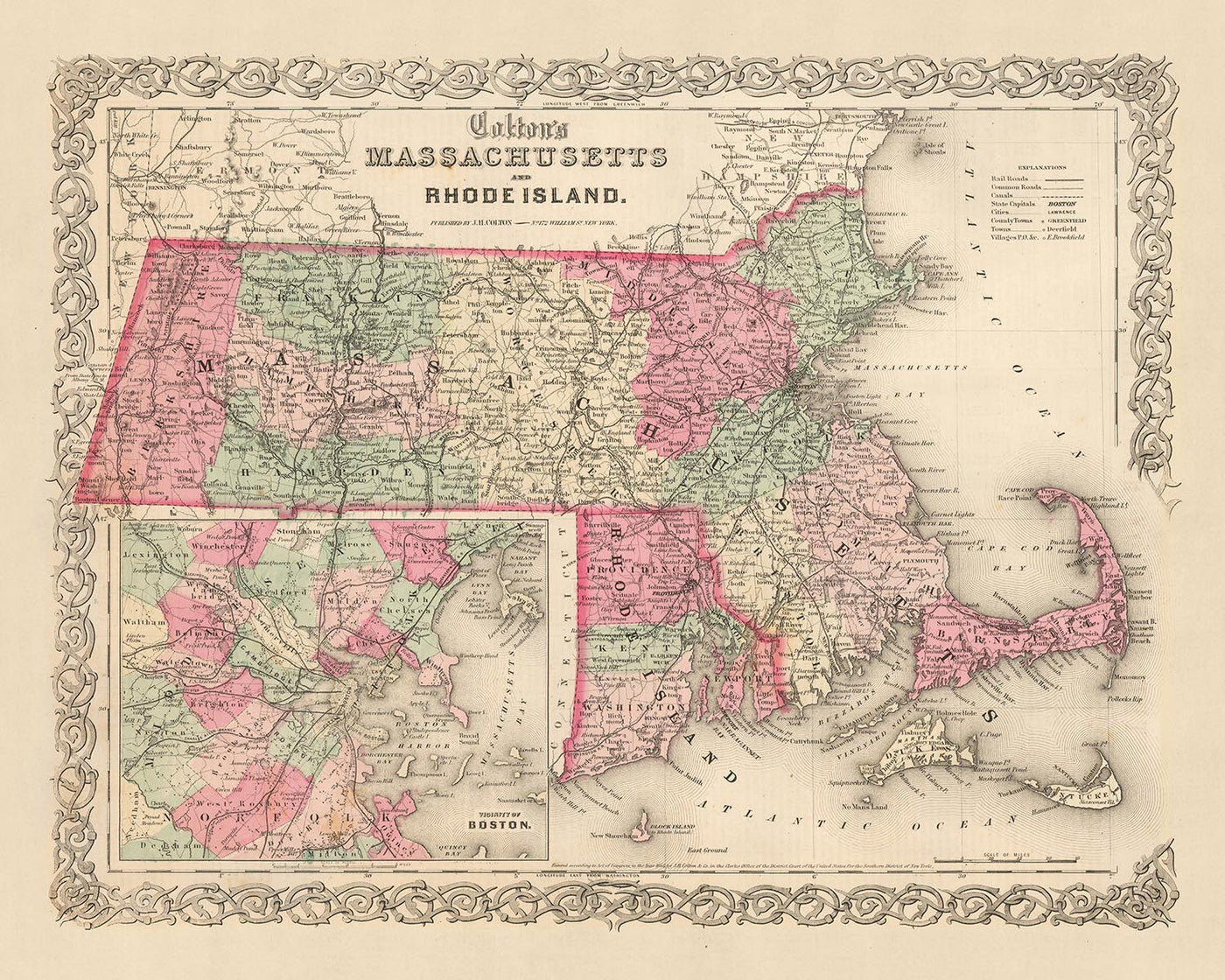 Ancienne carte du Massachusetts par JH Colton, 1855 : Boston, Worcester, Springfield, Lowell et New Bedford