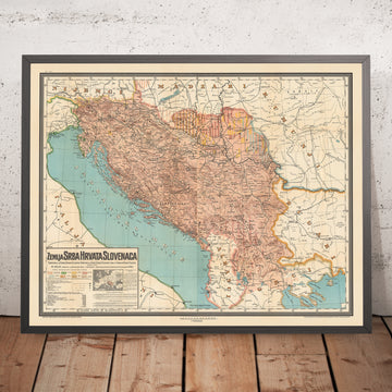 Grande mappa antica della Jugoslavia di Kolin, 1917: Serbia, Croazia, Montenegro, Slovenia, Bosnia 