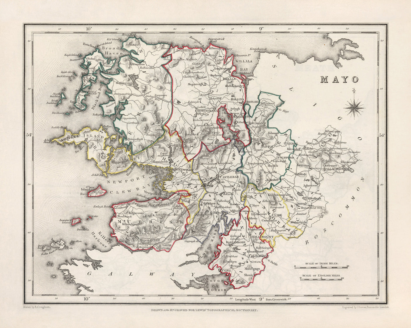 Mapa antiguo del condado de Mayo por Samuel Lewis, 1844: Westport, Ballina, Castlebar, Isla Achill, Clew Bay