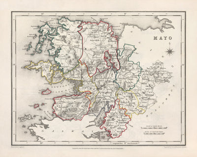 Ancienne carte du comté de Mayo par Samuel Lewis, 1844 : Westport, Ballina, Castlebar, Achill Island, Clew Bay