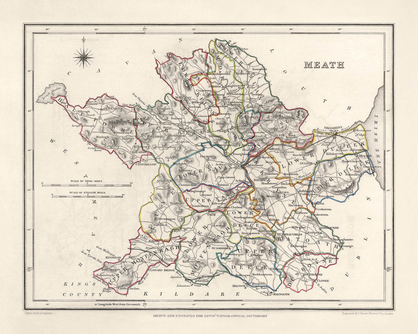Old Map of County Meath by Samuel Lewis, 1844: Navan, Trim, Kells, Athboy, Hill of Tara