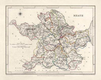 Old Map of County Meath by Samuel Lewis, 1844: Navan, Trim, Kells, Athboy, Hill of Tara