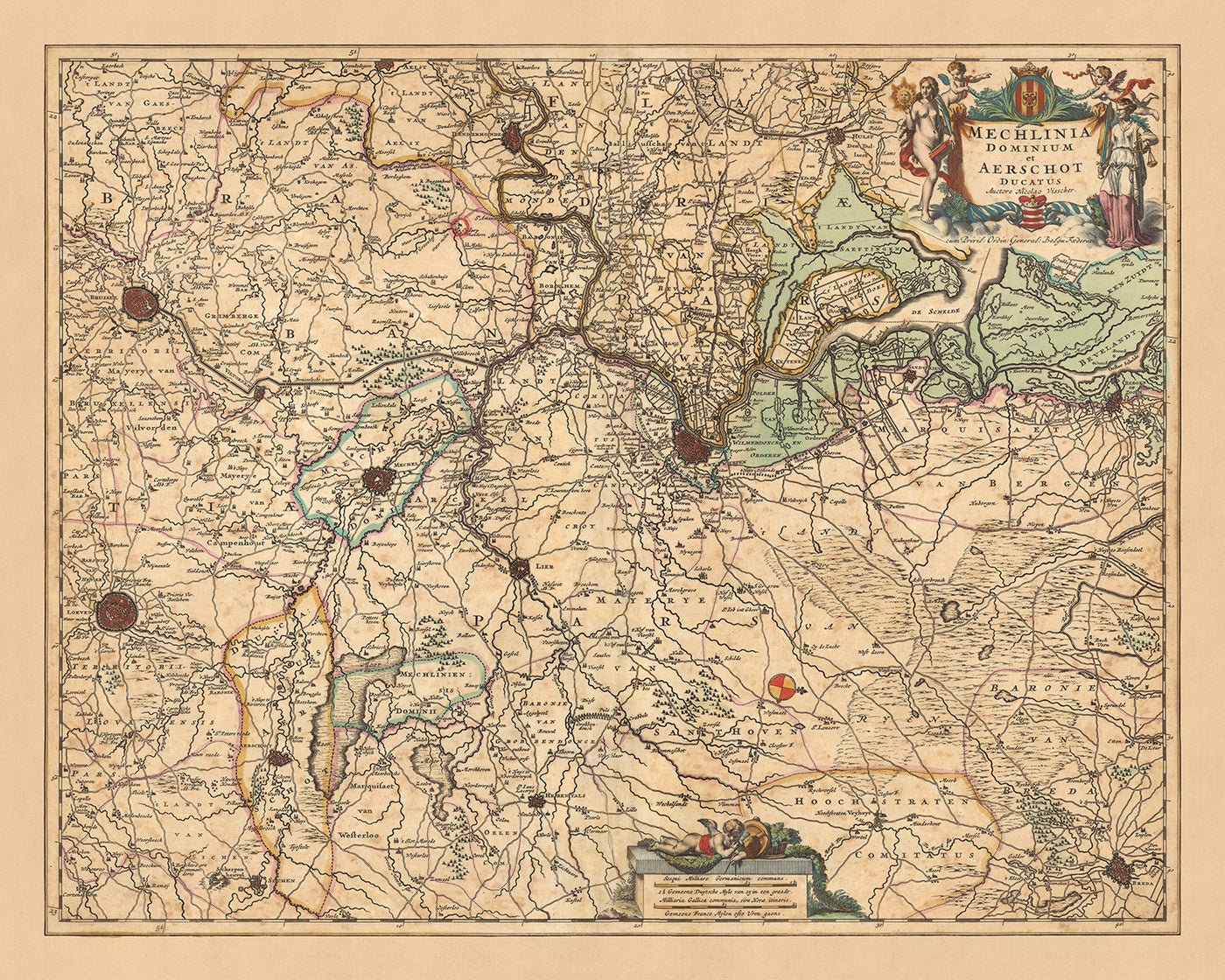 Mapa antiguo de Malinas y Ducado de Aarschot por Visscher, 1690: Amberes, Bruselas, Lovaina, Malinas, Sint-Niklaas