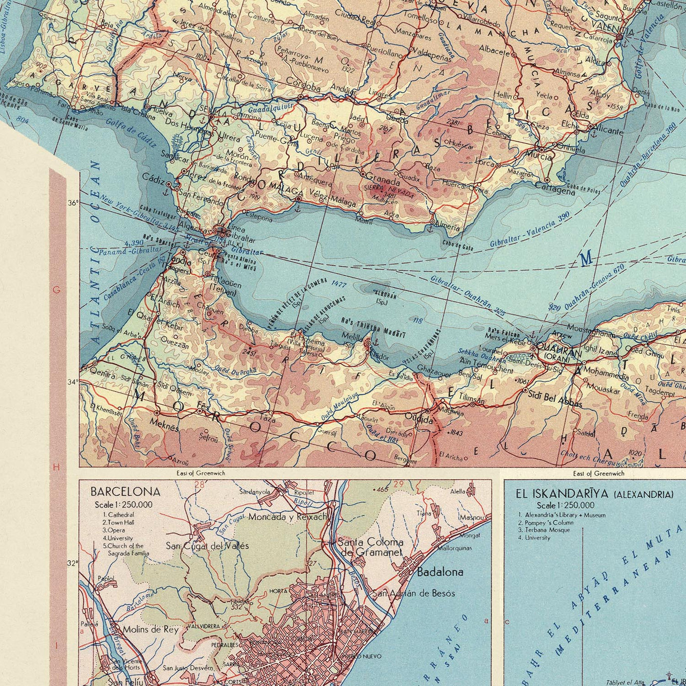 Old World Map of the Mediterranean Sea & Countries, 1967: From Gibraltar to Israel