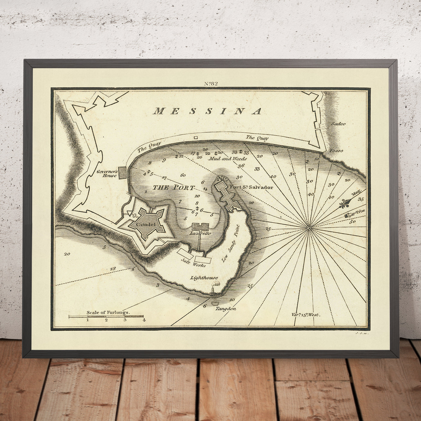 Ancienne carte marine de Messine par Heather, 1802 : Citadelle, Fort Saint-Salvador, Salines
