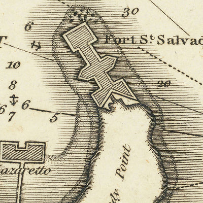 Carta náutica antigua de Messina de Heather, 1802: Ciudadela, Fuerte San Salvador, Salinas