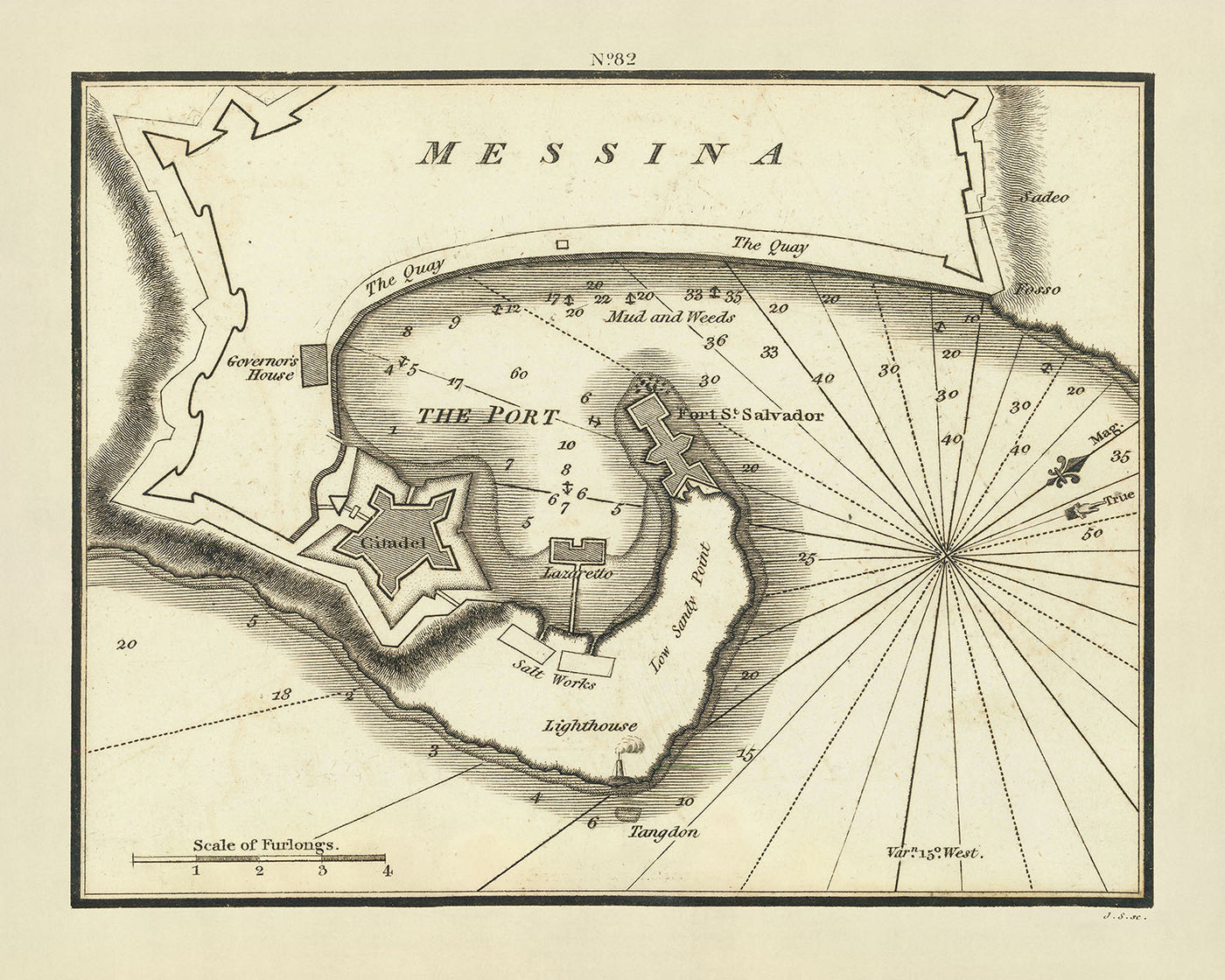 Carta náutica antigua de Messina de Heather, 1802: Ciudadela, Fuerte San Salvador, Salinas