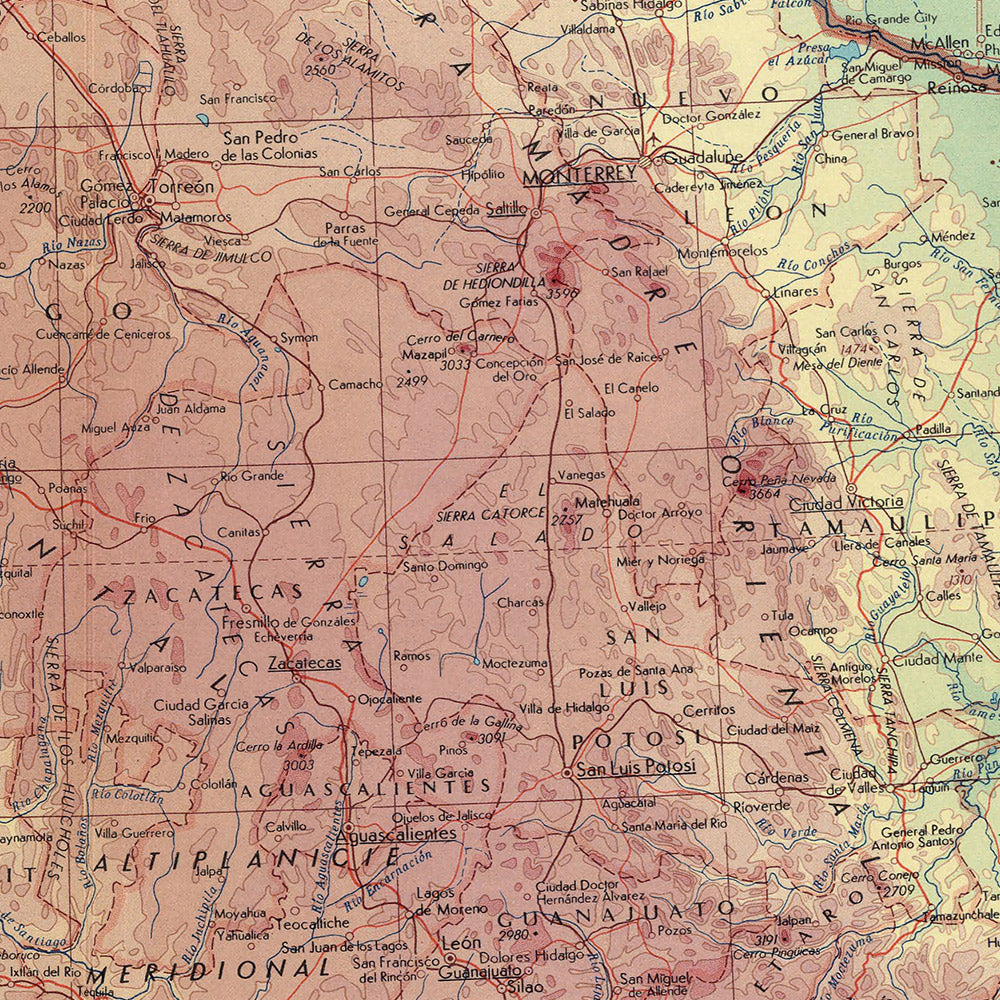 Alte Karte von Mexiko vom polnischen Topographiedienst der Armee, 1967: Baja California, Grenzstädte USA-Mexiko, Houston, Texas, Mexiko-Stadt, detaillierte politische und physische Darstellung