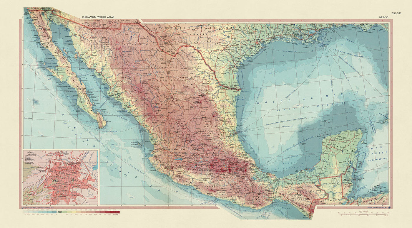 Mapa antiguo de México por el Servicio de Topografía del Ejército Polaco, 1967: Baja California, ciudades fronterizas entre Estados Unidos y México, Houston, Texas, Ciudad de México, representación política y física detallada