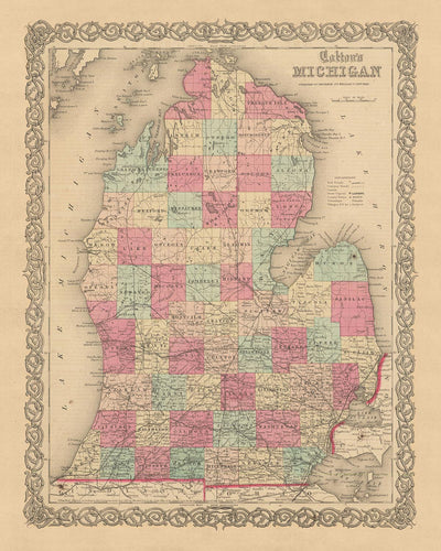 Old Map of Michigan by J.H. Colton, 1855: Detroit, Grand Rapids, Ann Arbor, Lansing, Kalamazoo