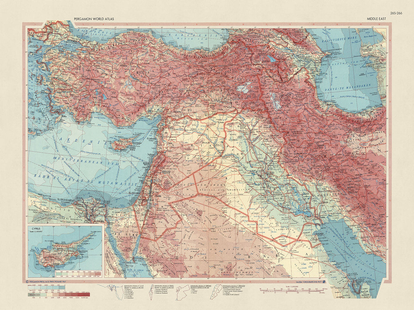 Alte Karte des Nahen Ostens vom Topografischen Dienst der polnischen Armee, 1967: Detaillierte politische und physische Darstellung, Einfügung von Zypern, umfangreiche Abdeckung von Katar bis Kairo