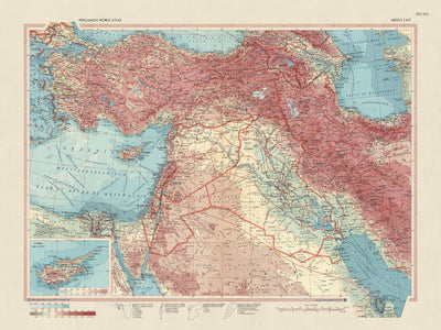 Mapa antiguo de Oriente Medio elaborado por el Servicio de Topografía del Ejército Polaco, 1967: representación política y física detallada, inclusión del recuadro de Chipre, amplia cobertura desde Qatar hasta El Cairo