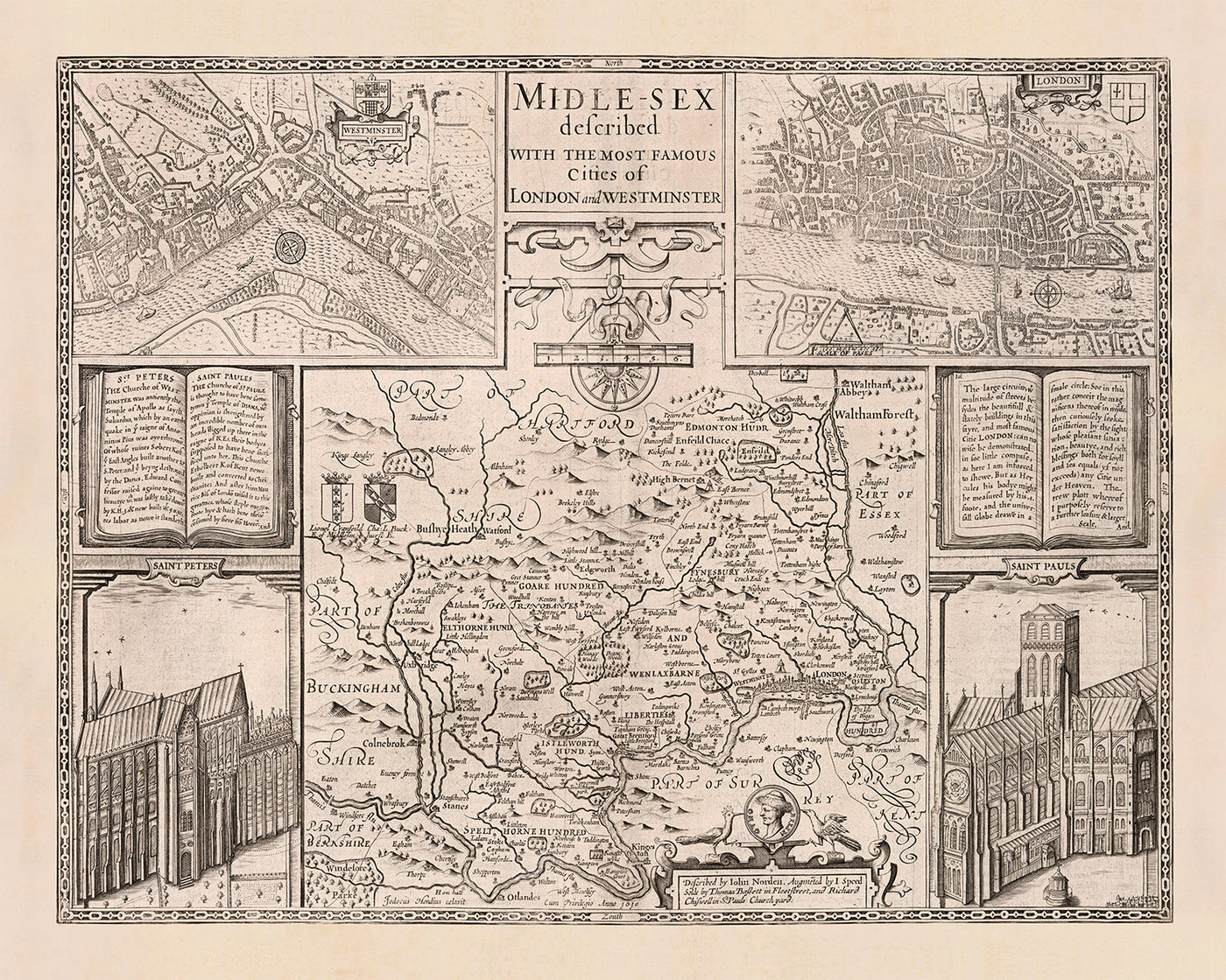 Ancienne carte du Middlesex par John Speed, 1676 : Londres, Westminster, Highgate, Harrow, Brentford et Uxbridge