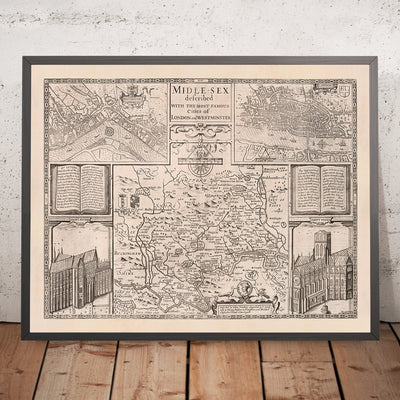 Ancienne carte du Middlesex par John Speed, 1676 : Londres, Westminster, Highgate, Harrow, Brentford et Uxbridge
