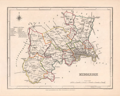 Ancienne carte du Middlesex par Samuel Lewis, 1844 : Londres, Westminster, Kensington, Chelsea, Richmond