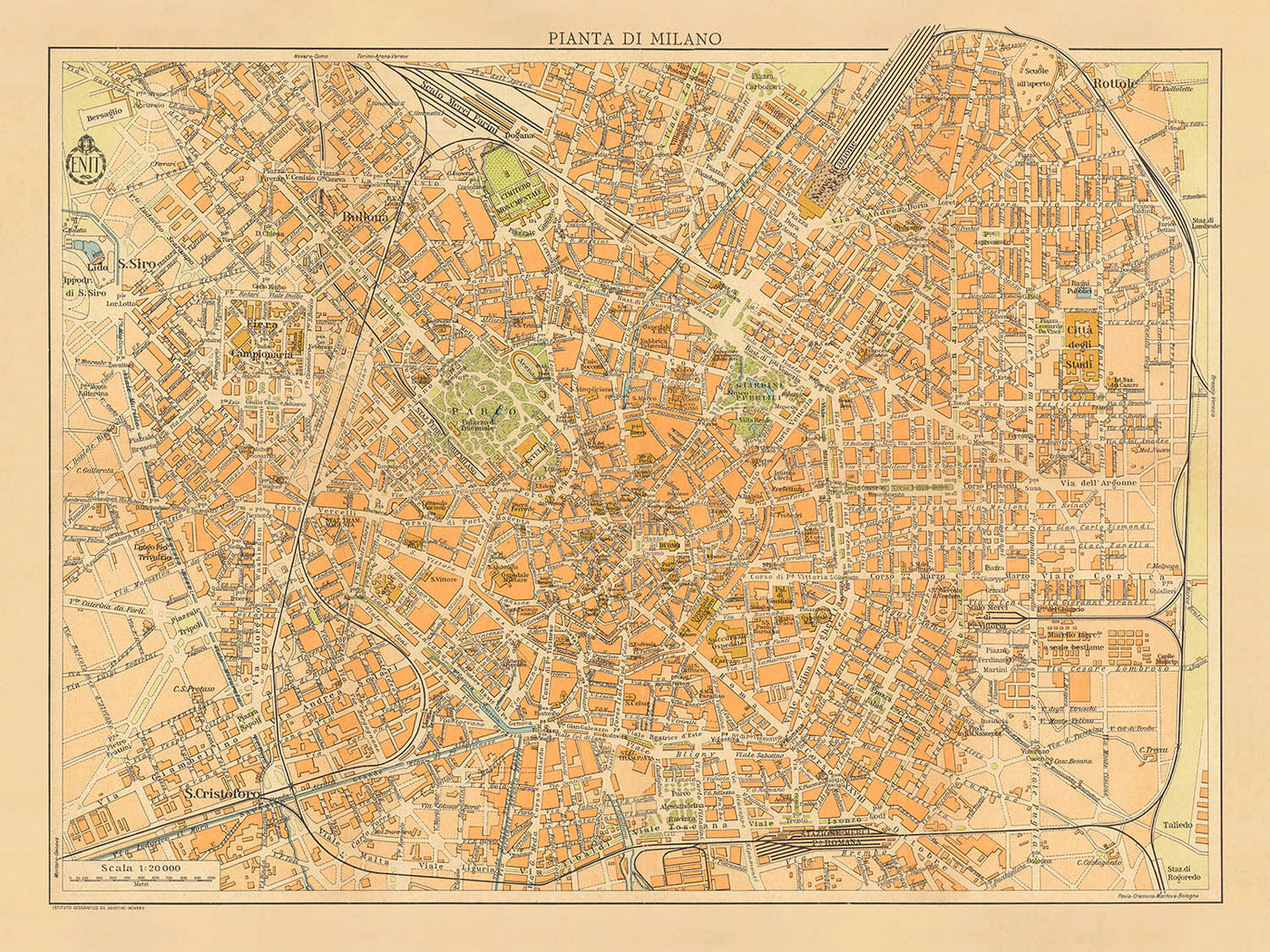 Old Map of Milan, 1935: Via Pallavicino Rail Track, San Marco Canal and Lake, Piazza Duomo