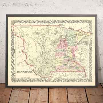 Ancienne carte du Minnesota par JH Colton, 1856 : Saint-Paul, Saint-Anthony, Stillwater, Mendota et Wabasha