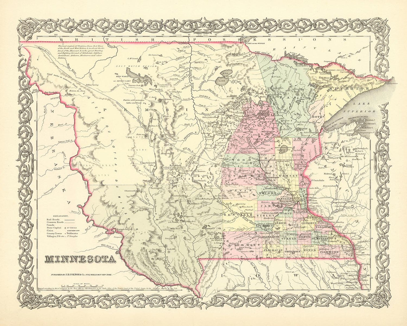 Old Map of Minnesota by J. H. Colton, 1856: St. Paul, St. Anthony, Stillwater, Mendota, and Wabasha