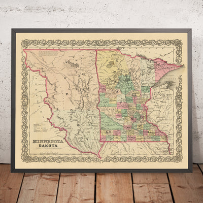 Ancienne carte du Minnesota et du Dakota par Colton, 1860 : Saint-Paul, Minneapolis, Saint-Anthony, Mendota et Pembina