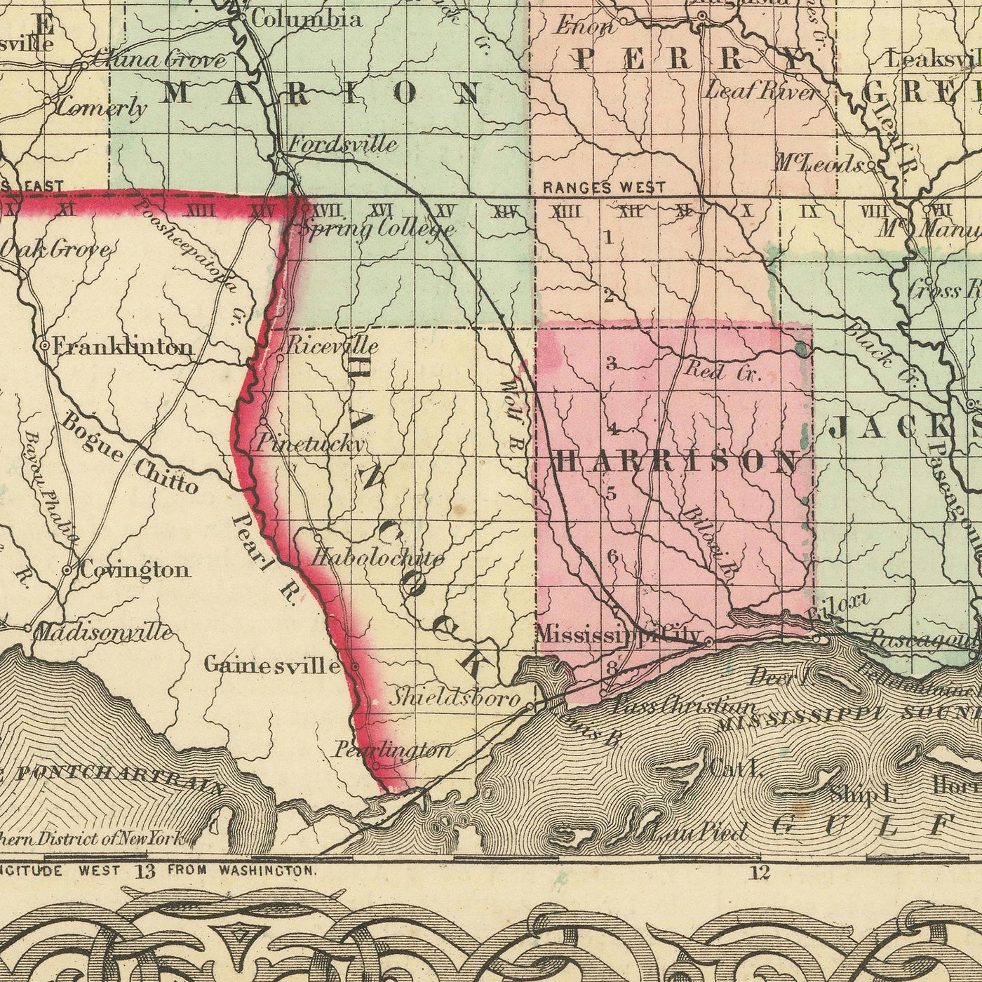 Mapa antiguo de Mississippi por JH Colton, 1855: Jackson, Vicksburg, Natchez, Columbus y Meridian