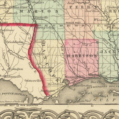 Mapa antiguo de Mississippi por JH Colton, 1855: Jackson, Vicksburg, Natchez, Columbus y Meridian