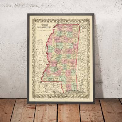 Mapa antiguo de Mississippi por JH Colton, 1855: Jackson, Vicksburg, Natchez, Columbus y Meridian