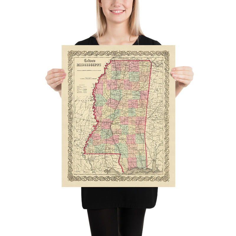 Mapa antiguo de Mississippi por JH Colton, 1855: Jackson, Vicksburg, Natchez, Columbus y Meridian