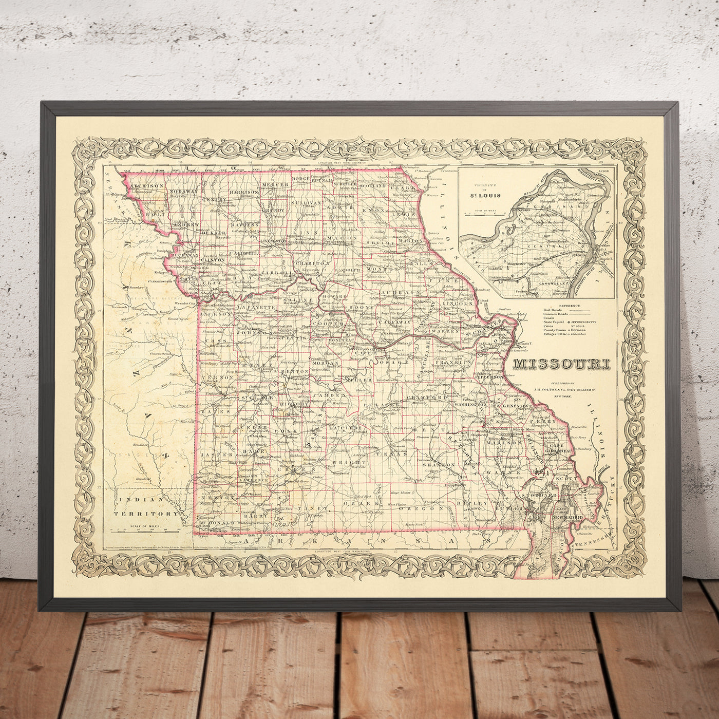 Mapa antiguo de Missouri por JH Colton, 1860: St. Louis, Kansas City, Springfield, Independence, Jefferson City