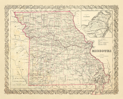 Alte Karte von Missouri von JH Colton, 1860: St. Louis, Kansas City, Springfield, Independence, Jefferson City