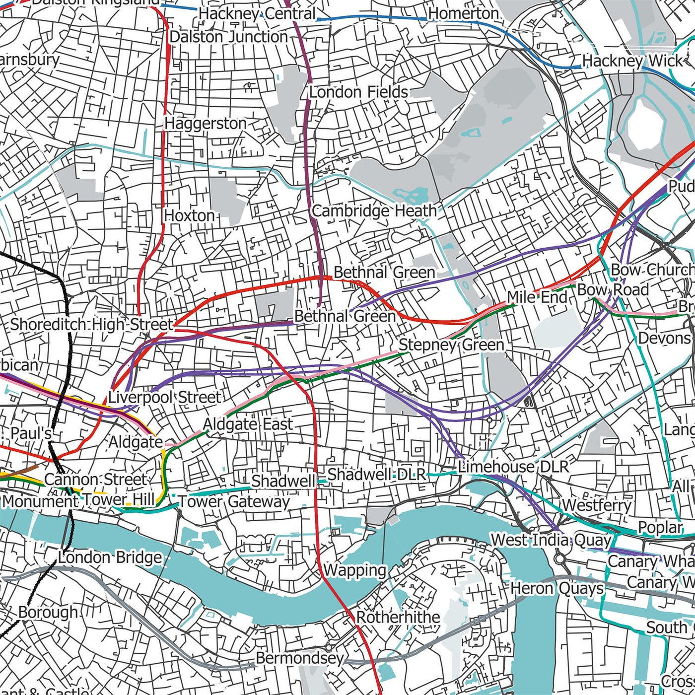 Modern London Map with Real Underground Tube & Overground Train Routes