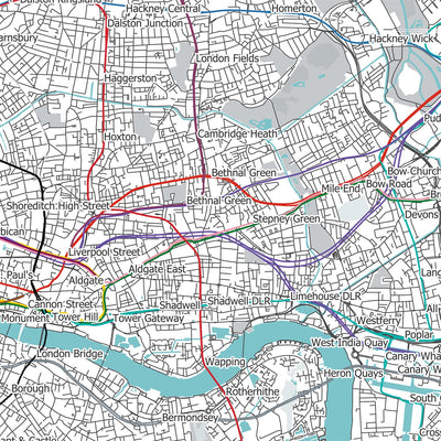 Modern London Map with Real Underground Tube & Overground Train Routes