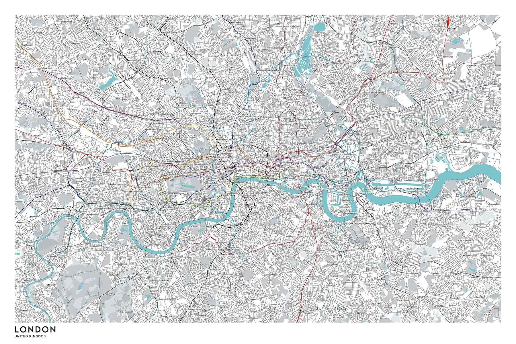 Modern London Map with Real Underground Tube & Overground Train Routes ...