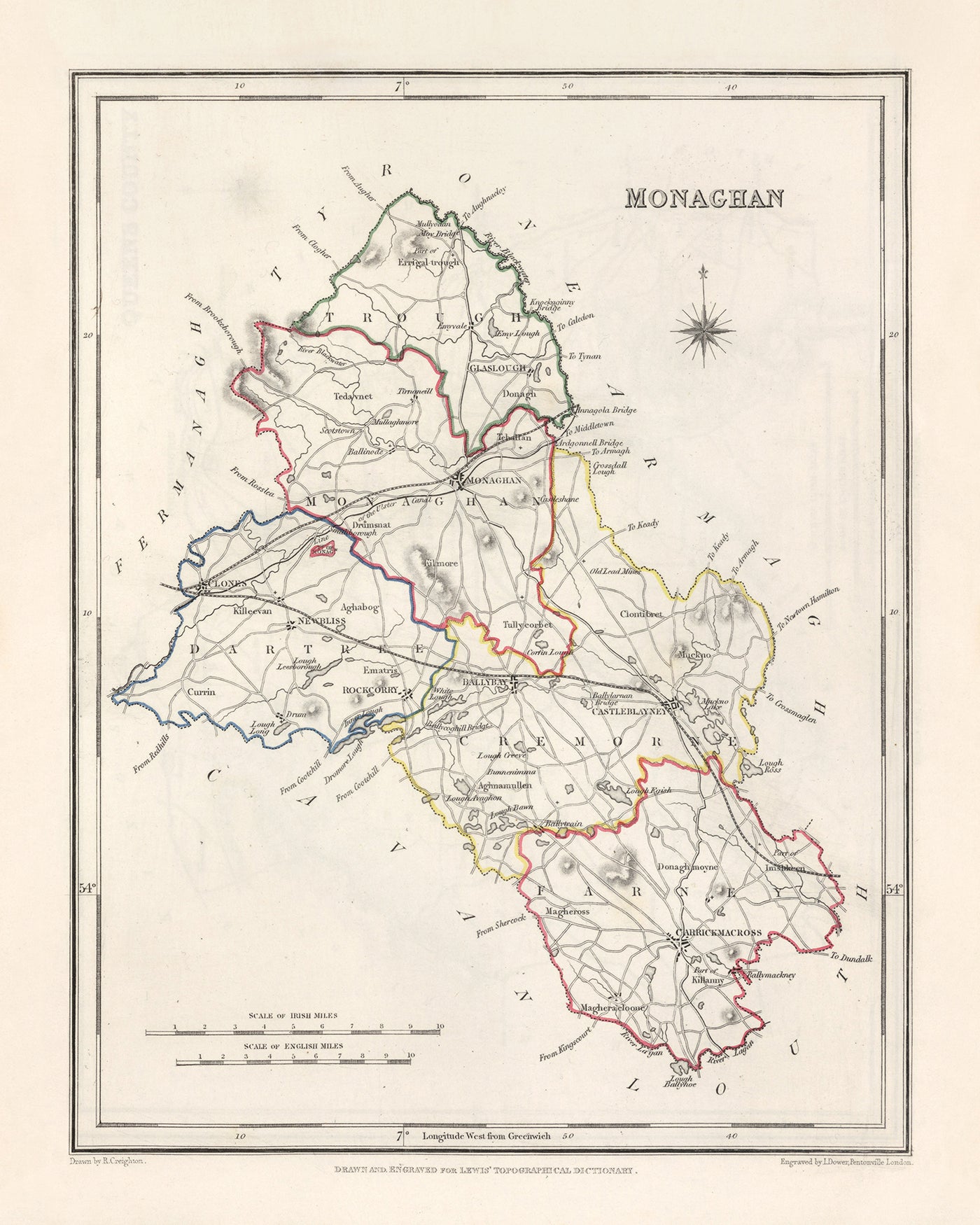 Mapa antiguo del condado de Monaghan por Samuel Lewis, 1844: Castleblayney, Clones, Ballybay, Carrickmacross, Glaslough