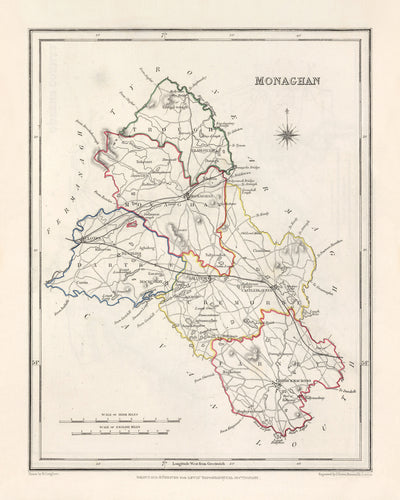 Alte Karte der Grafschaft Monaghan von Samuel Lewis, 1844: Castleblayney, Clones, Ballybay, Carrickmacross, Glaslough