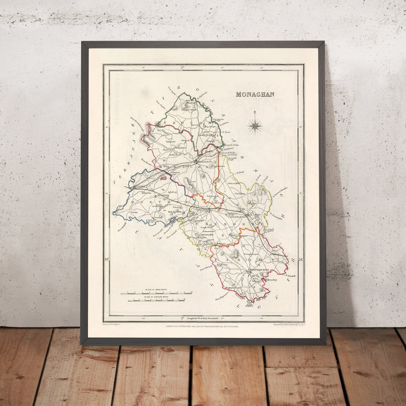 Alte Karte der Grafschaft Monaghan von Samuel Lewis, 1844: Castleblayney, Clones, Ballybay, Carrickmacross, Glaslough
