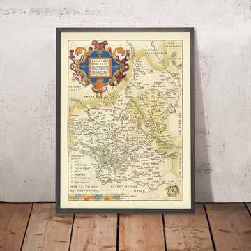 Ancienne carte du Nord-Rhin-Westphalie et de la Basse-Saxe par Ortelius, 1587 : Münster, Osnabrück, rivière Lippe, forêts 