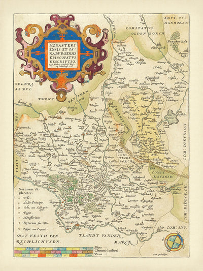 Carte ancienne de la Rhénanie-du-Nord-Westphalie et de la Basse-Saxe par Ortelius, 1587 : Münster, Osnabrück, rivière Lippe, forêts, cartouche orné