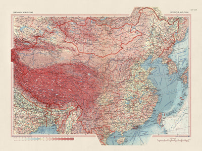 Mapa antiguo de Mongolia y China realizado por el Servicio de Topografía del Ejército Polaco, 1967: Mongolia, China, Corea, Taiwán, características políticas y físicas detalladas